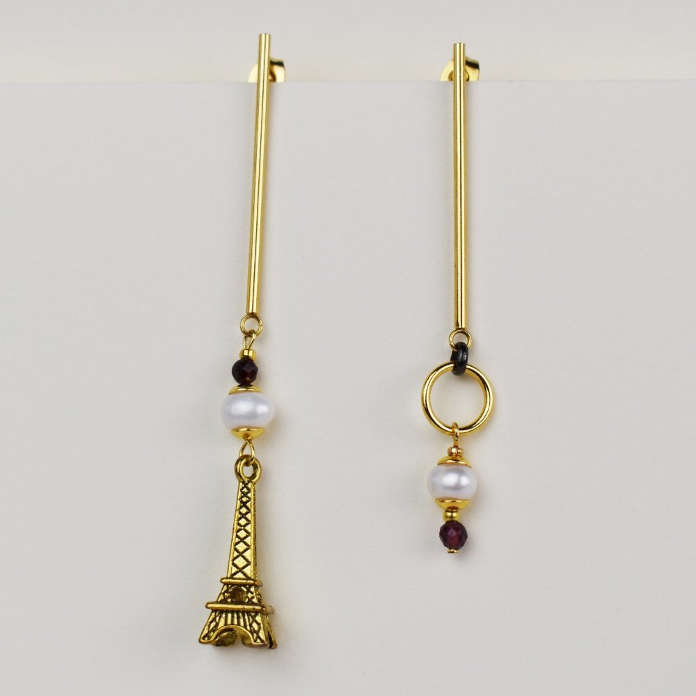 Eiffel Tower earrings dangle, asymmetrical earrings, long bar drop earrings